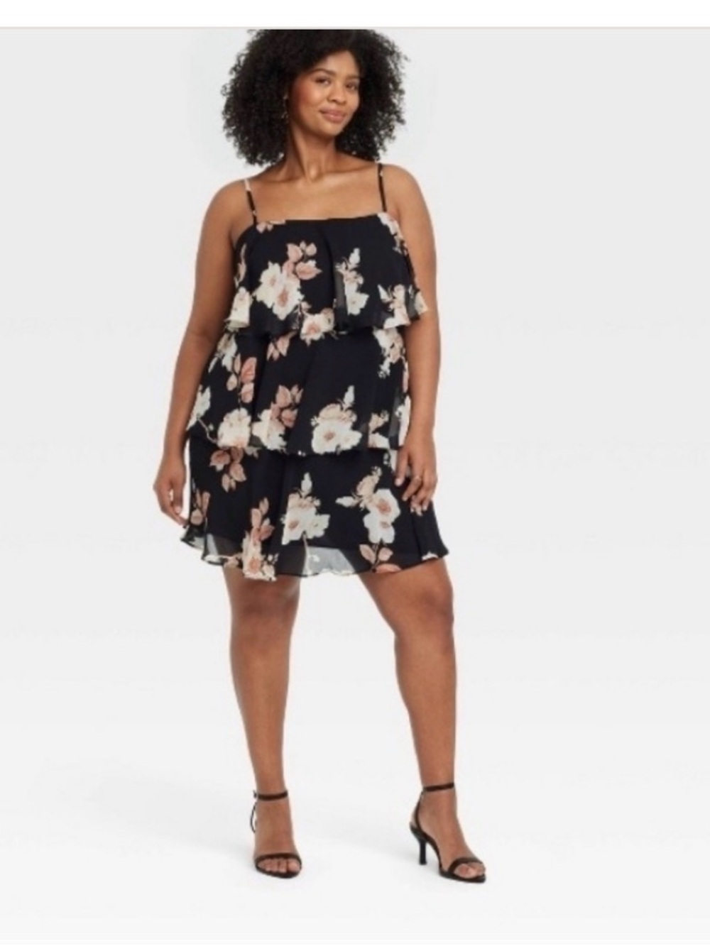 A New Day 4X  Tiered Ruffle Mini Shift Dress Black Floral Sleeveless Spaghetti